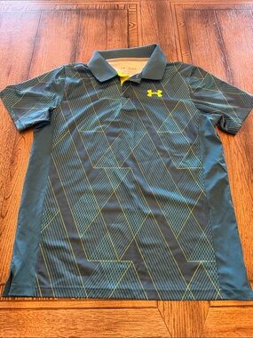 Under Armour Boys Black Polo with Yellow Logo and Teal Geometric Lines